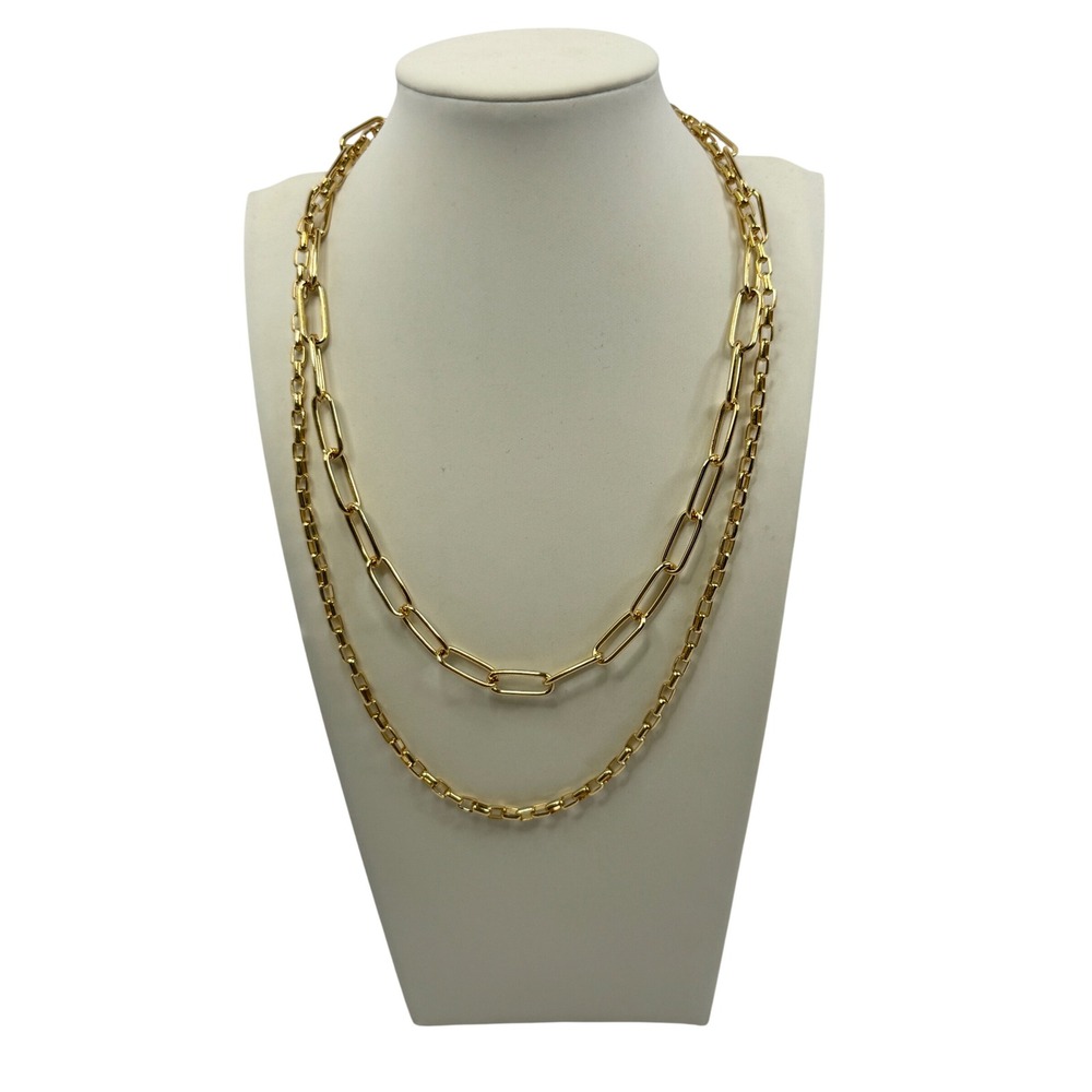 Gold Tone Layered Necklace Set Paperclip and Box Link Chains Quiet Luxury Chic